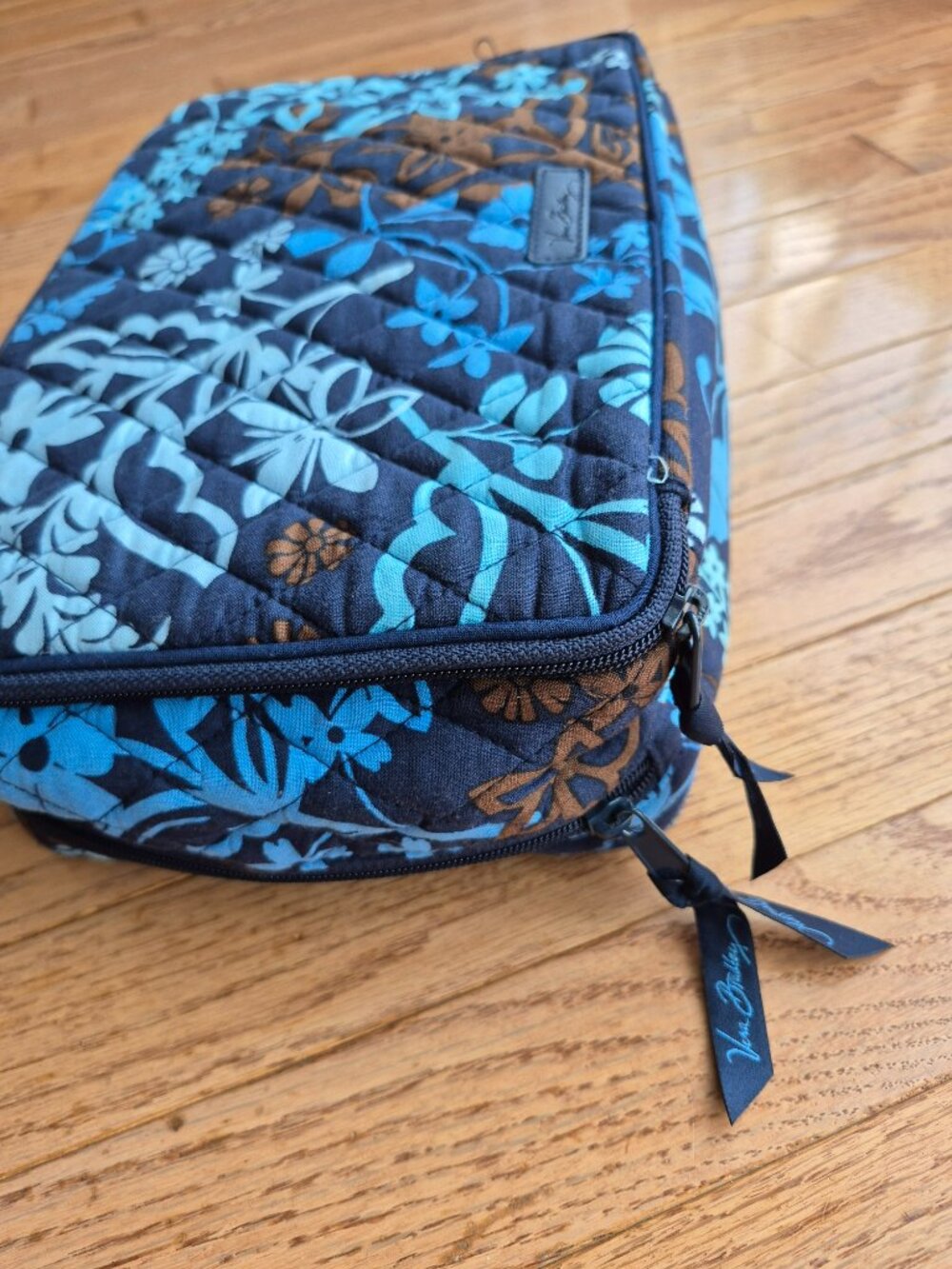 Vera Bradley Double Zip Brush Cosmetic Vanity Bag Java Blue Floral - Picture 3 of 12